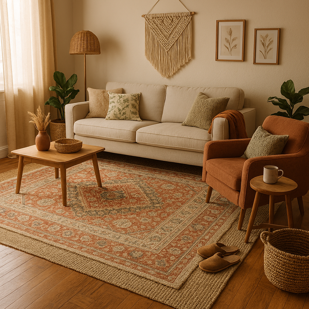 Boho-inspired living room with a large area rug, cozy seating, layered textures, and warm earthy tones. Soft natural light highlights the rug’s texture and hardwood floor protection.