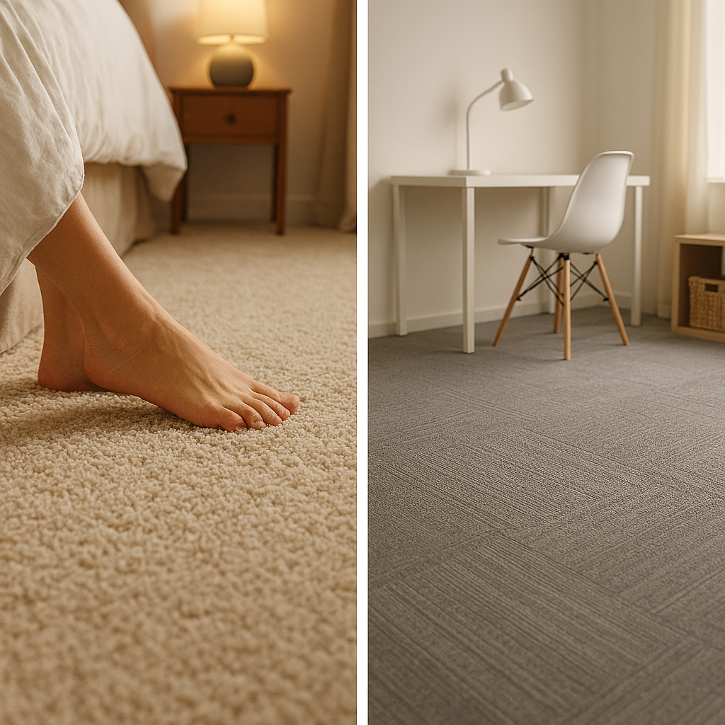 Close up of feet sinking into plush wall to wall carpet next to a modern room with low pile carpet tiles offering moderate softness and acoustic benefit.
