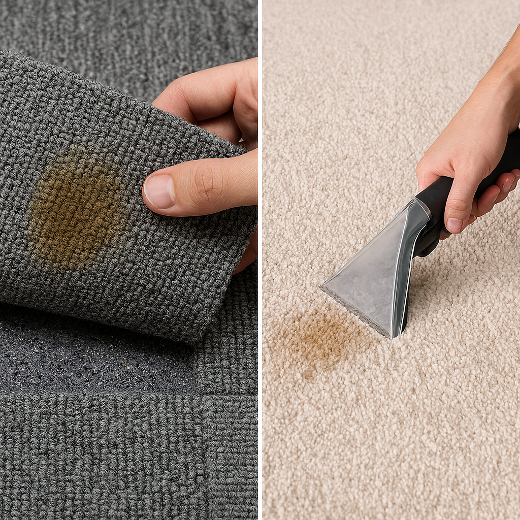 Image showing a stained carpet tile being lifted and replaced beside a scene of someone cleaning a spill on wall to wall carpet.