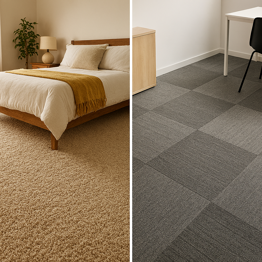 Split image showing a cozy carpeted bedroom next to a modern room with carpet tiles to help compare which flooring works best for different spaces.