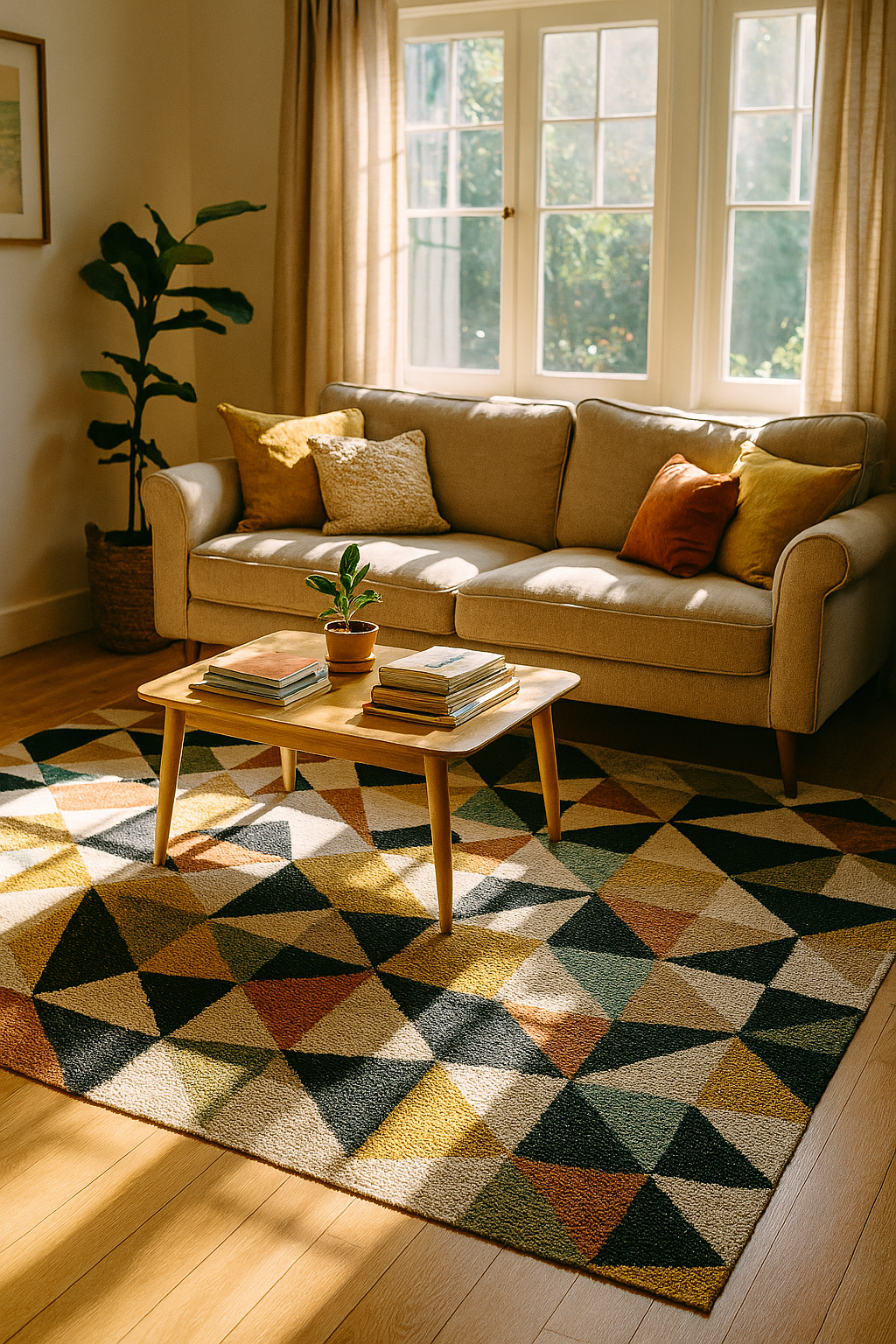 Cozy living room with light hardwood floors and a large geometric-patterned rug, soft couch with throw pillows, coffee table with books, small plant, and sunlight streaming through large windows. Rug anchors the space and adds warmth and personality.