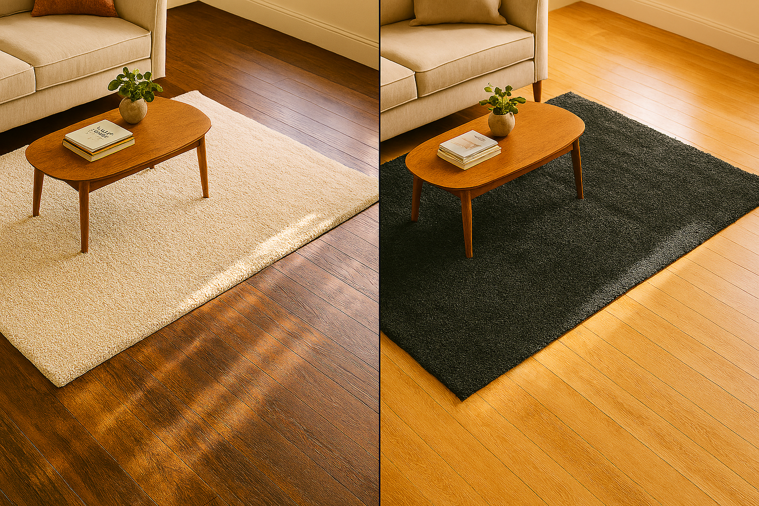 Side-by-side comparison showing a dark hardwood floor with a light rug versus a bright hardwood floor with a dark rug.
