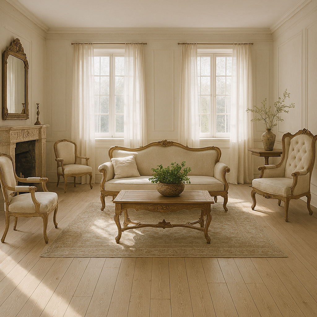 Light and airy living room with white oak hardwood floors, neutral furniture, large windows, and natural light creating a bright and inviting space.