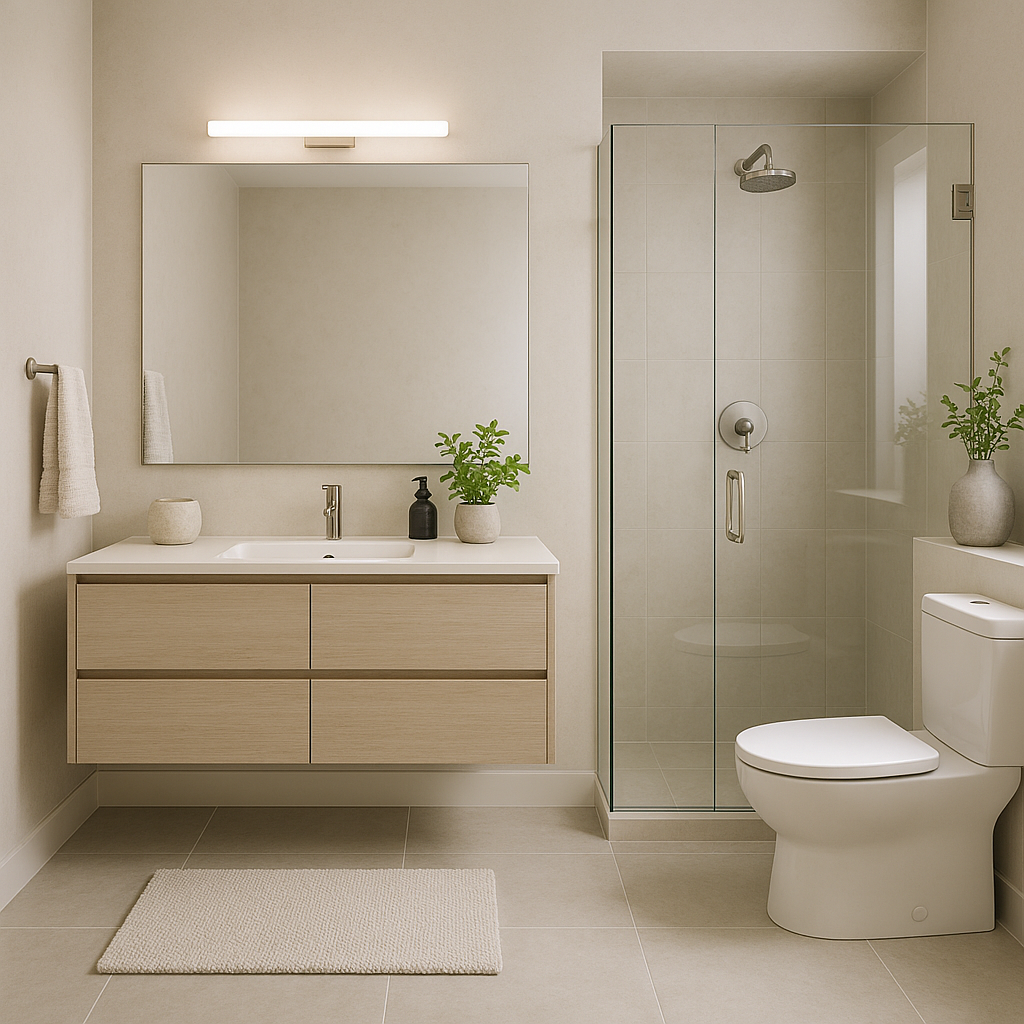 Modern bathroom with mid-tone greige flooring, light wood vanity, neutral decor, and a calm, spa-like atmosphere.