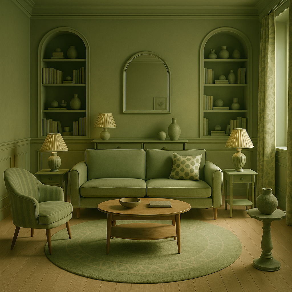 Sage monochromatic den with symmetrical vintage décor and coordinated sage green furnishings.