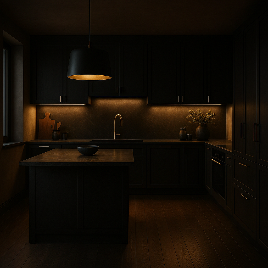 Photorealistic modern kitchen with dark espresso hardwood floors, warm accent lighting, gold fixtures, and dark-toned furniture creating a cozy and luxurious atmosphere.