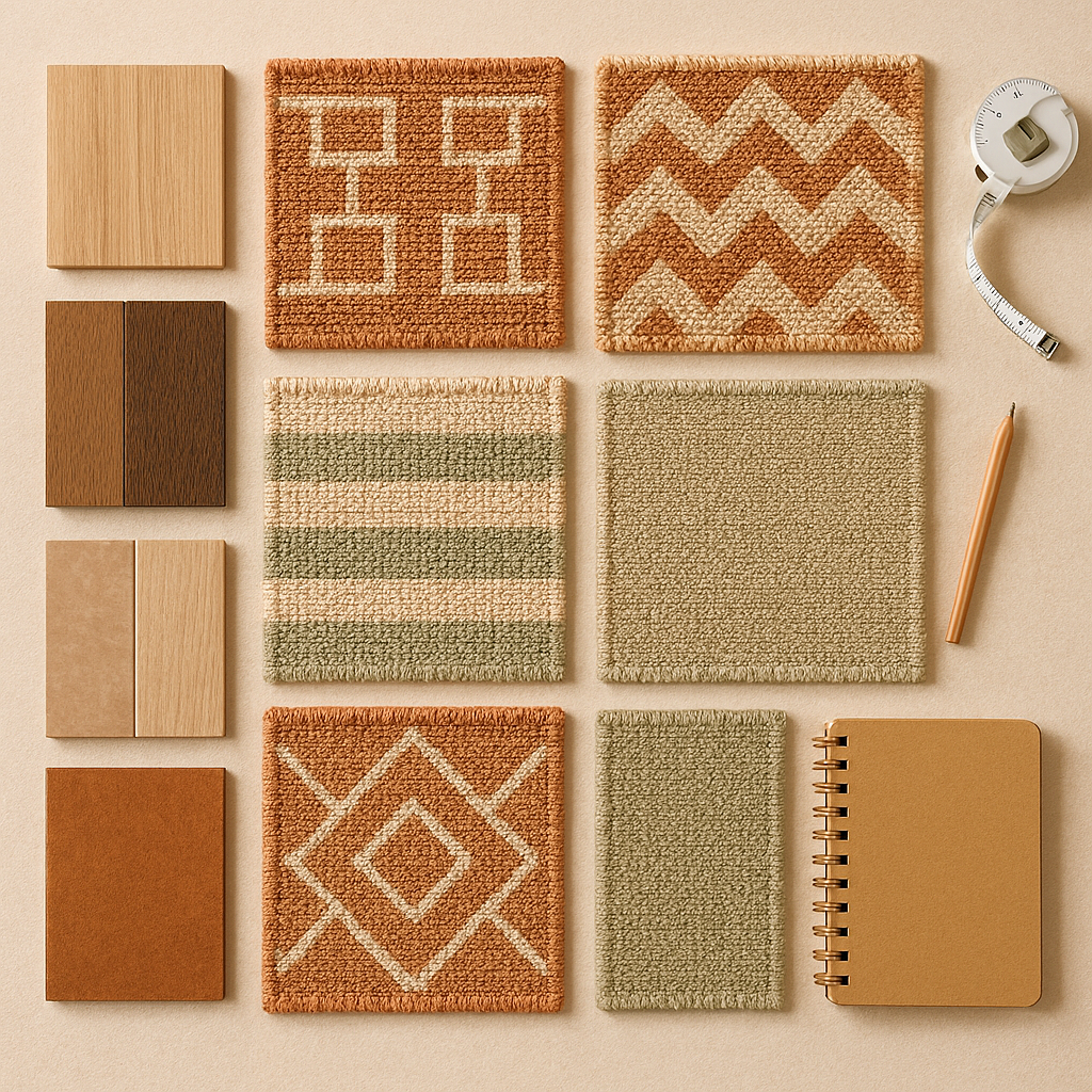 Flat lay of rug pattern swatches and flooring samples arranged like an interior design mood board.