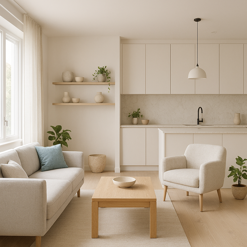 Open-plan Scandinavian living room with light wood flooring, minimalist furniture, and soft neutral tones.
