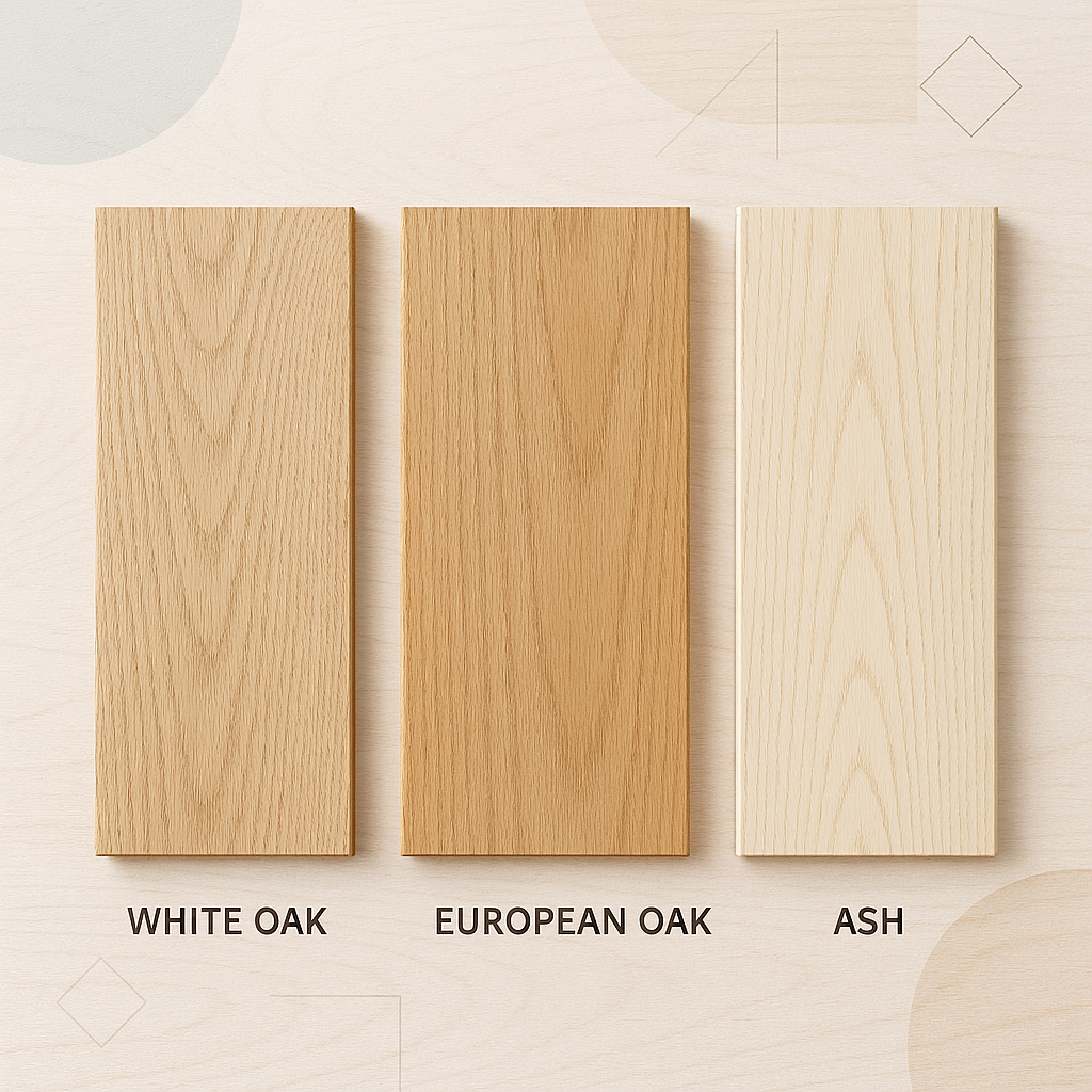 Close-up comparison of White Oak, European Oak, and Ash hardwood flooring showcasing natural color and grain differences.
