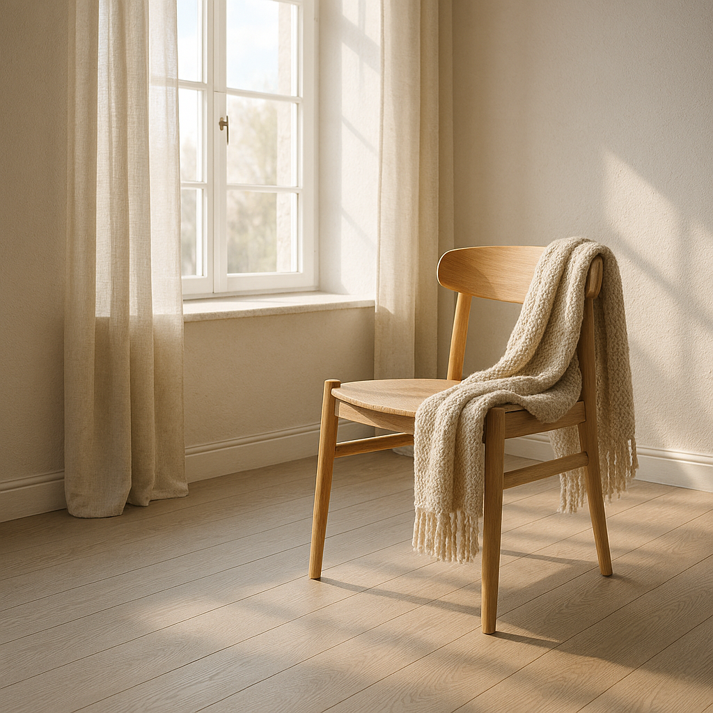 Morning sunlight streaming across matte White Oak flooring, highlighting its natural grain and soft Scandinavian tones.
