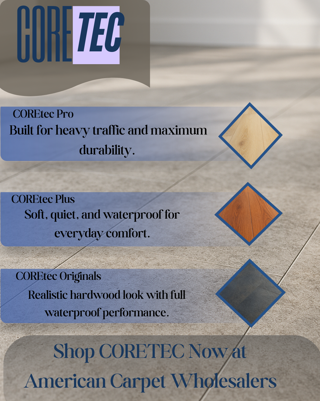 COREtec Plus luxury vinyl plank flooring in a bright modern living room, showing waterproof durability and comfort underfoot