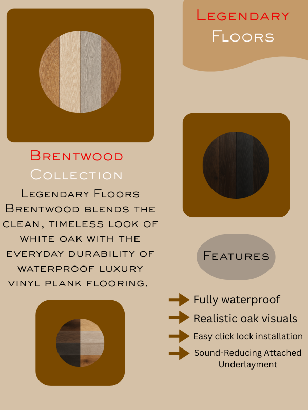 Graphic showcasing Legendary Floors Brentwood luxury vinyl plank collection with colorway swatches, key features like waterproof performance and realistic oak visuals, and warm earthy design elements.