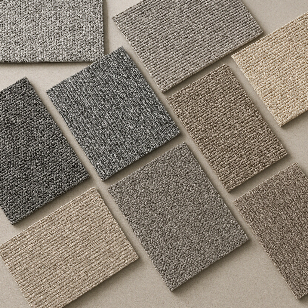 Flat lay display of various commercial carpet tile samples in multiple colors and textures.