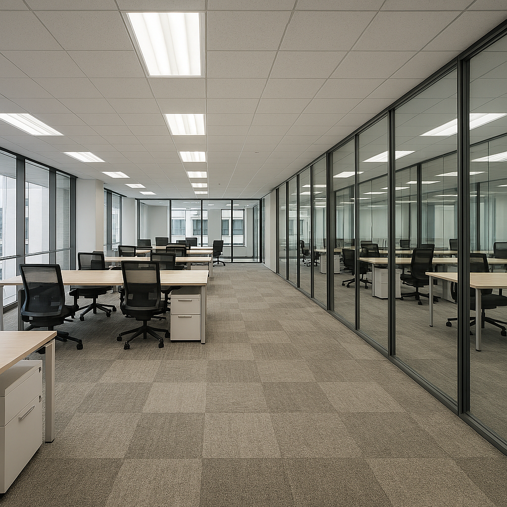 Modern corporate office with modular carpet tile flooring in neutral tones.