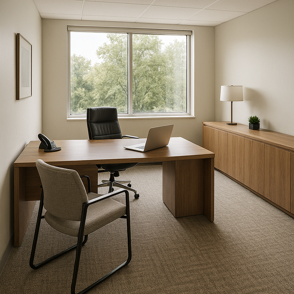 Executive office showcasing subtle loop-texture commercial carpet tiles.