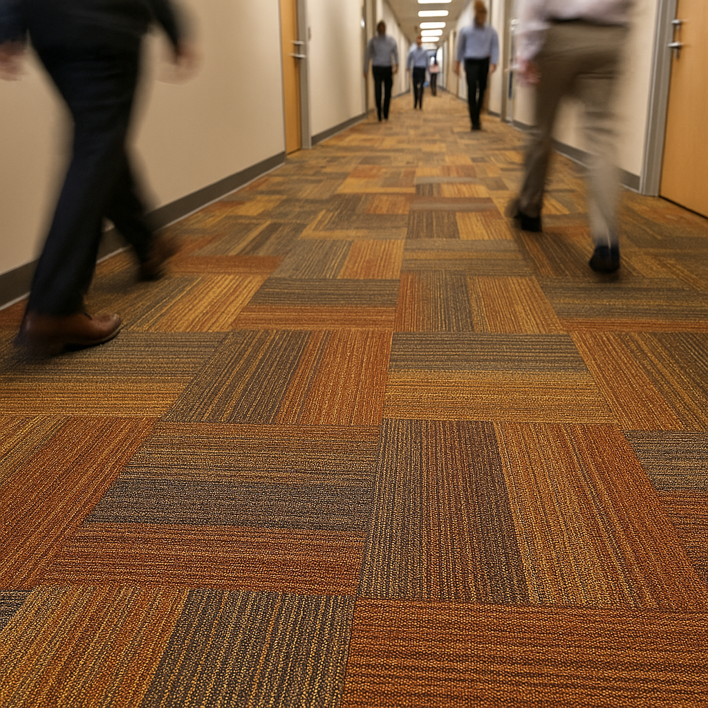 Commercial hallway with durable carpet tile flooring built for heavy foot traffic.