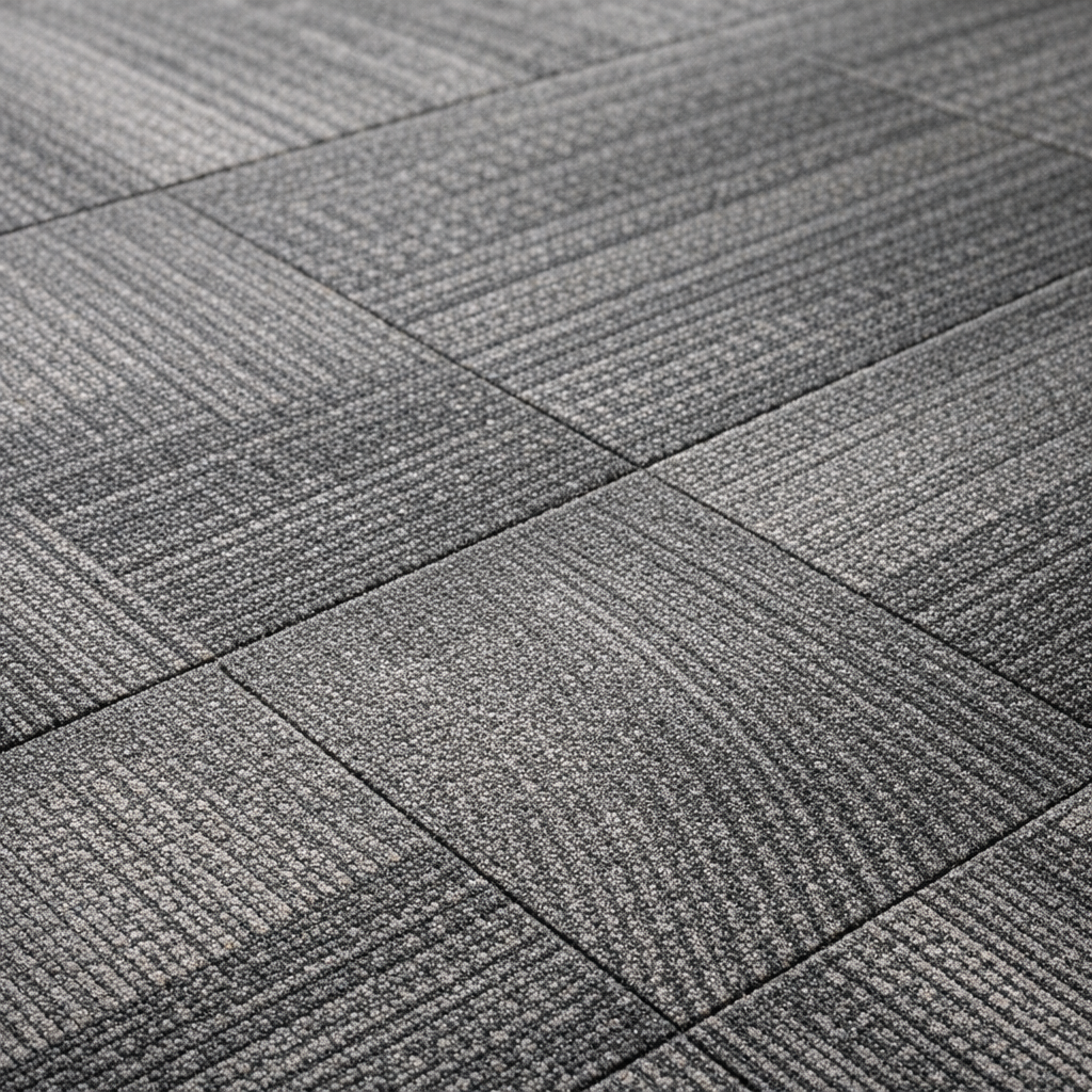 Close up view of gray Mohawk carpet tiles in a high traffic commercial space showing textured fibers, clean tile seams, and durability under rolling office chairs.