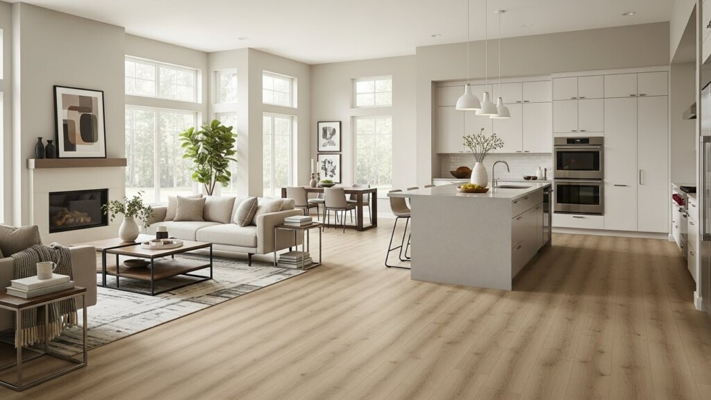 Modern kitchen and living room with COREtec luxury vinyl plank flooring in a high traffic area.