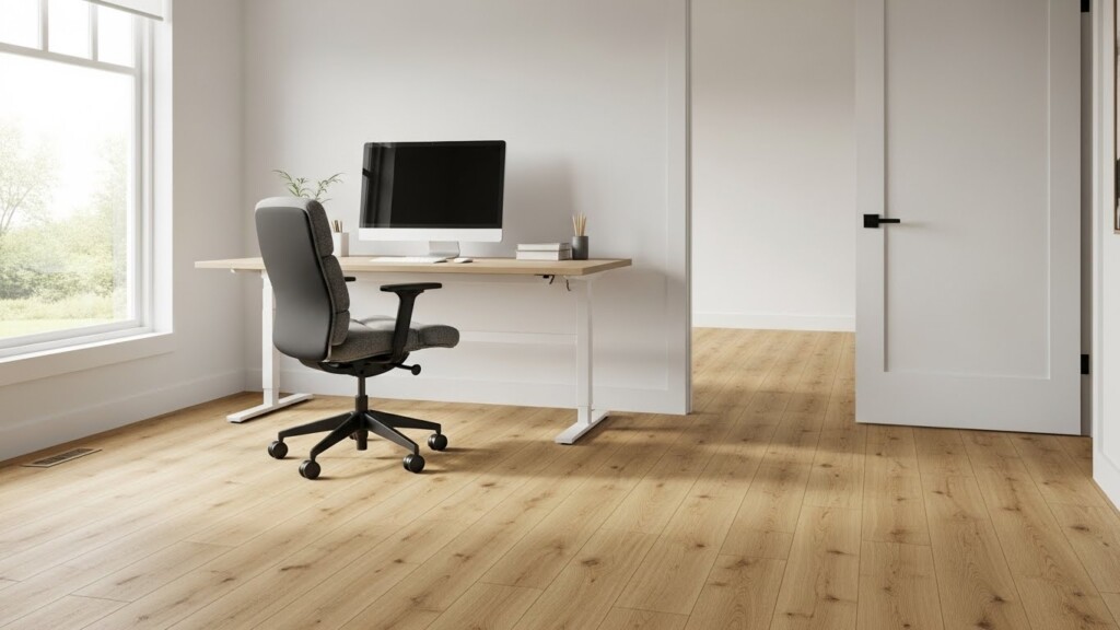 COREtec luxury vinyl plank flooring in a home office designed for rolling chair use