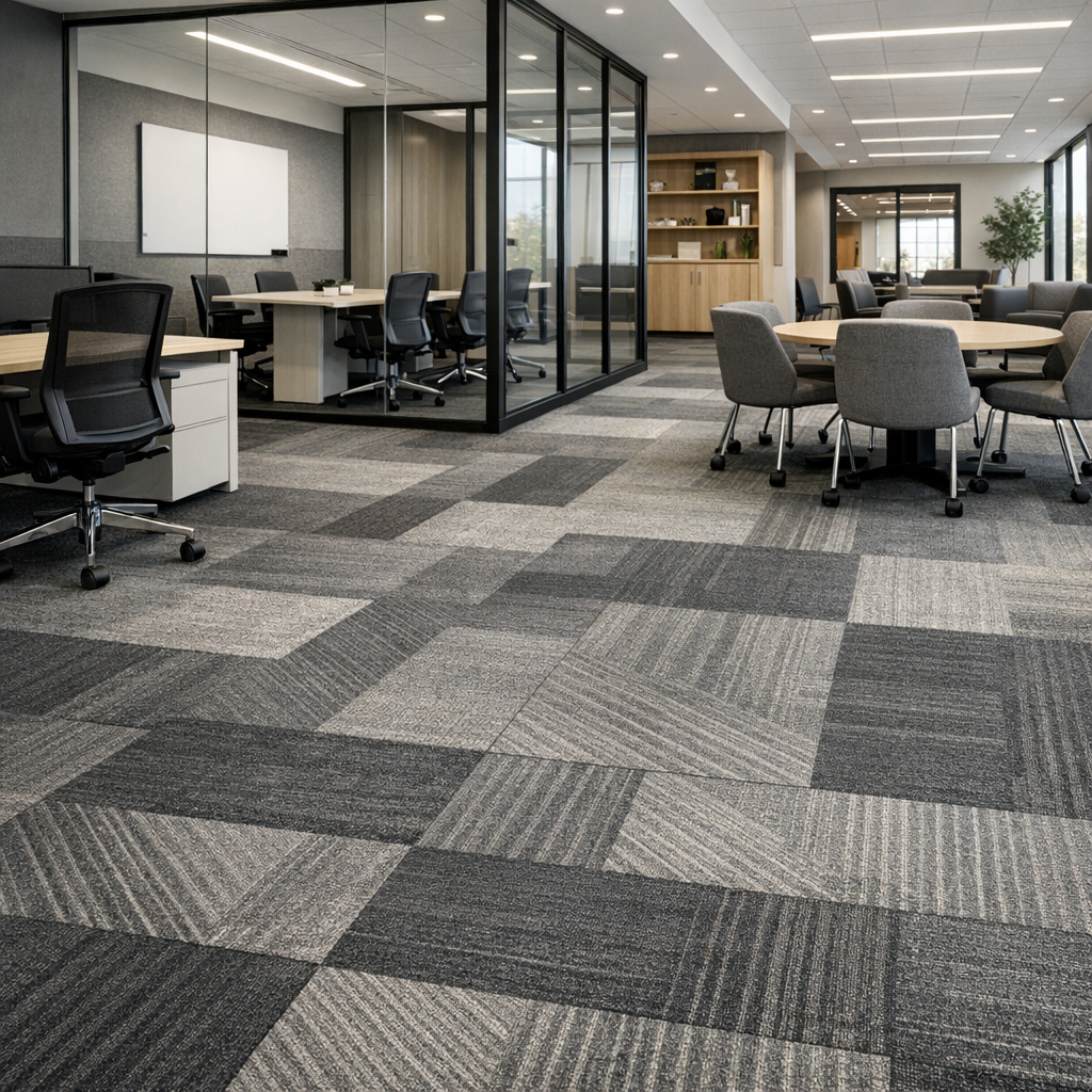 Mohawk carpet tiles in a high traffic commercial office comparing PET fiber performance under foot traffic and nylon carpet tiles under rolling chairs and movable furniture.